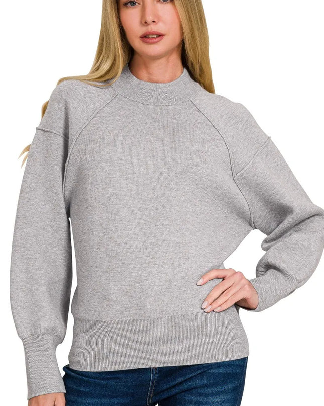 Zenana Viscose Mock Neck Exposed Seam Sweater - Sleekdenim.com