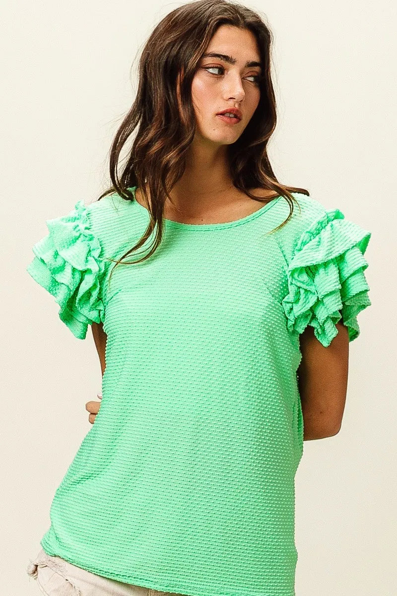 BiBi Birdseye Texture Layered Ruffle Top - Sleekdenim.com