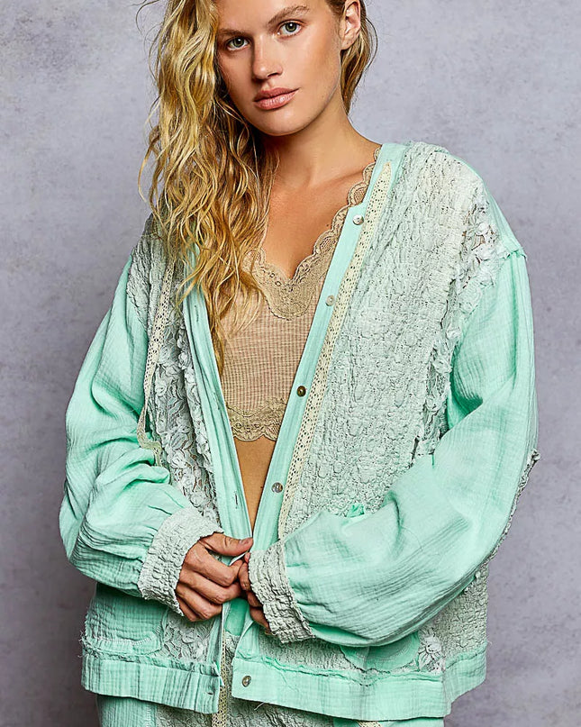 POL Exposed Seam Button Down Hooded Jacket with Lace Detail - Sleekdenim.com