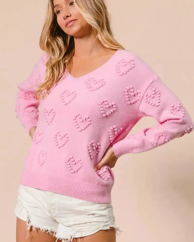 BiBi Valentines Heart Pompom V Neck Knit Top - Sleekdenim.com