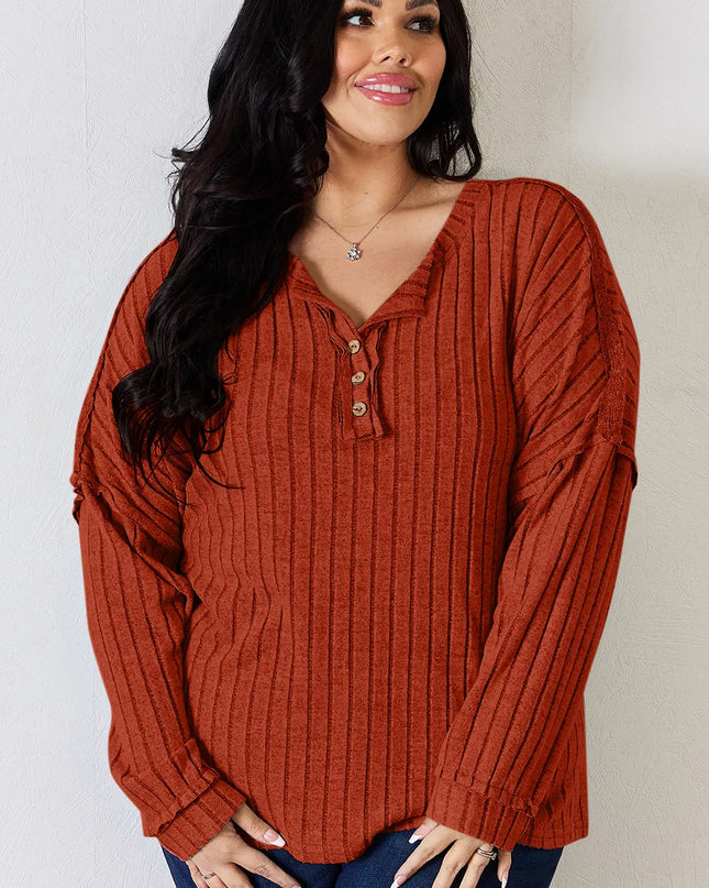 Basic Bae Full Size Ribbed Half Button Long Sleeve T-Shirt - Sleekdenim.com