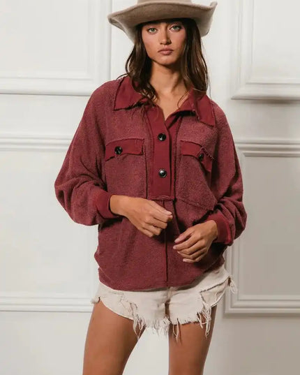 BiBi Cp French Terry Cut Edge Detail Collared Top - Sleekdenim.com