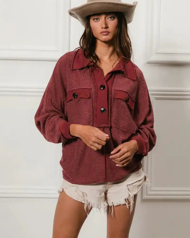 BiBi Cp French Terry Cut Edge Detail Collared Top - Sleekdenim.com