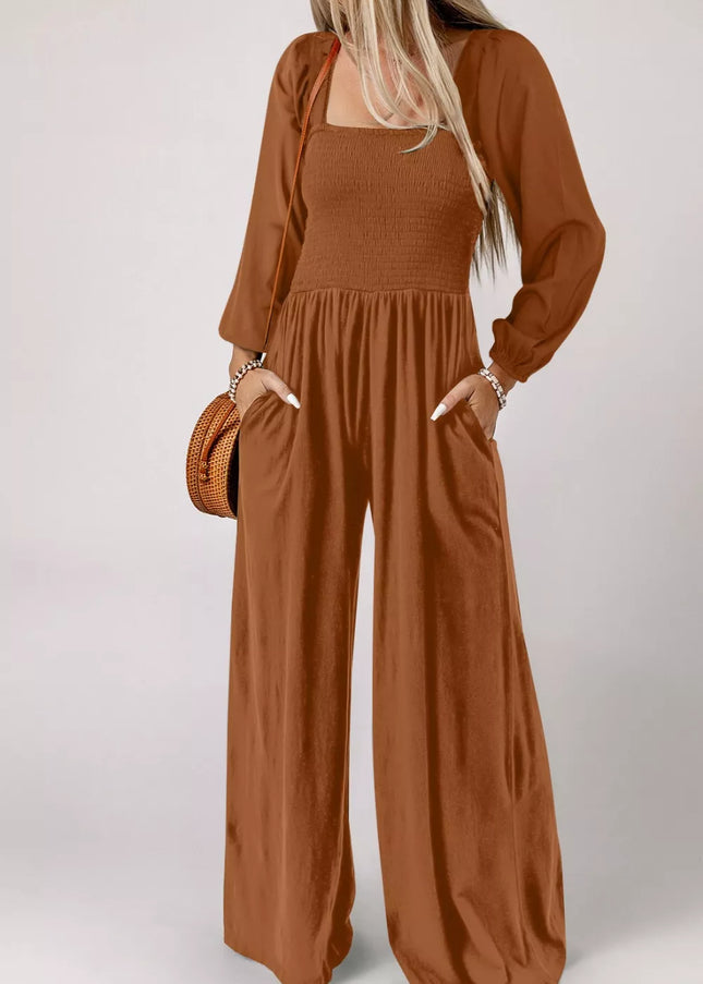 Boho Smocked Square Neck Wide Leg Jumpsuit - Sleekdenim.com