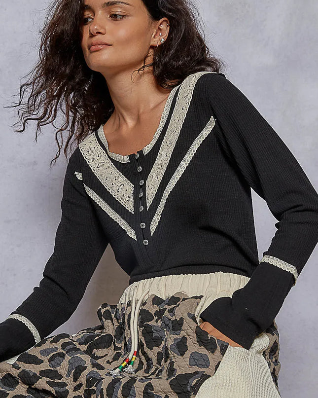 POL Ribbed Half Button Lace Detail Knit Top - Sleekdenim.com