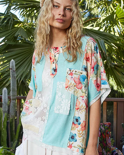 POL Lace Round Neck Short Sleeve Floral Pattern Top with Patch Detail - Sleekdenim.com