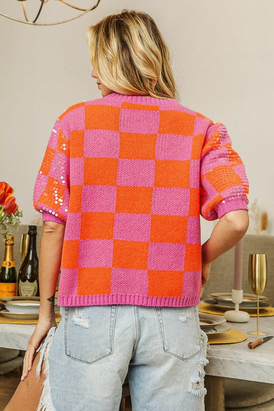 BiBi Checkered Short Sleeve Sequin Sweater Pink Orange