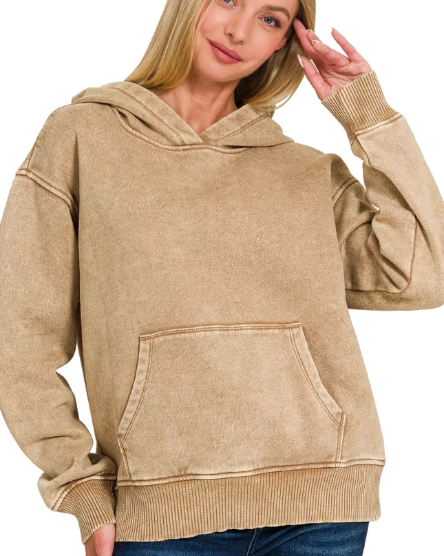 Zenana Fleece Acid Wash Kangaroo Pocket Hoodie - Sleekdenim.com