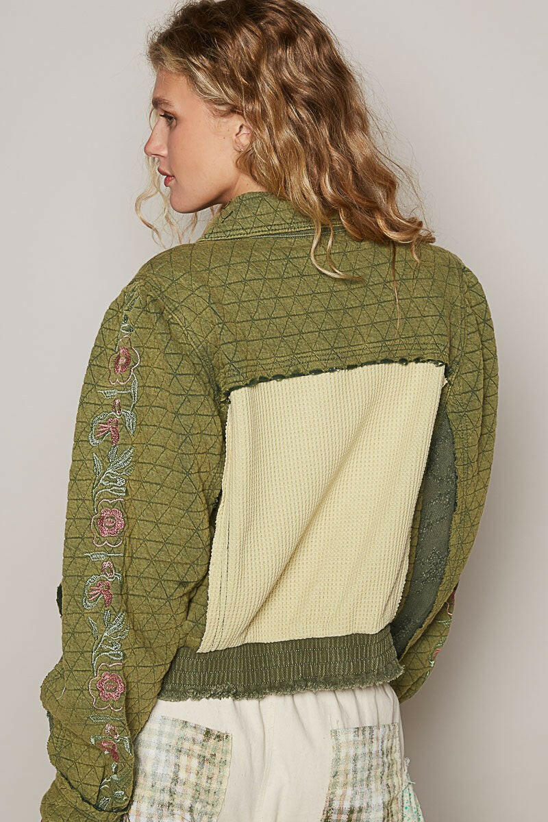 POL Embroidered Sleeve Raw Edge Quilted Jacket | Sleekdenim.com