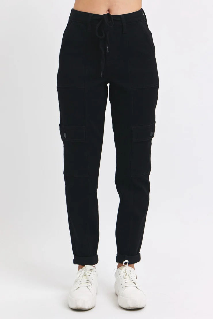 Judy Blue High Waist Cargo Cuff Black Jogger Denim Jeans 88910– sleekdenim.com | Sleekdenim.com