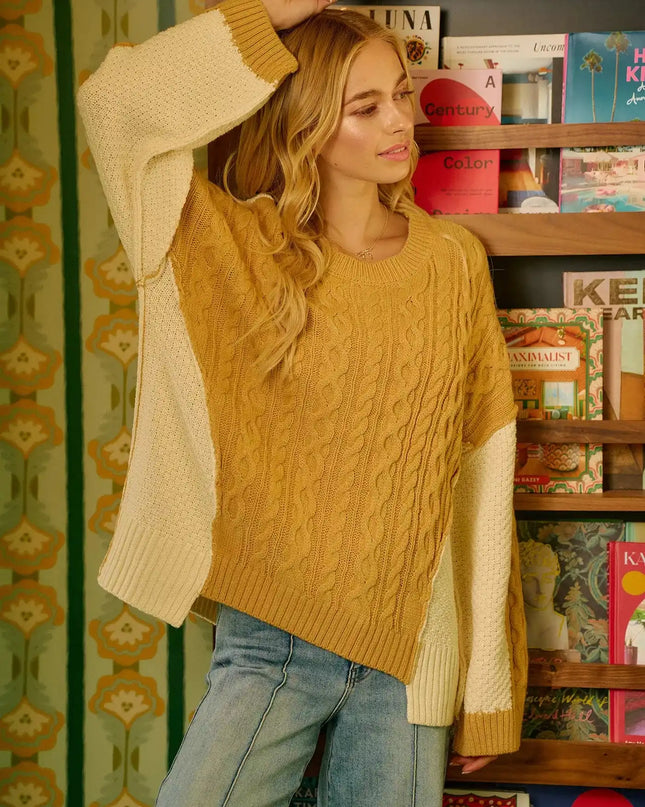 BiBi Cable Knit With Hacci Combo Sweater With Uneven Hem Detail - Sleekdenim.com