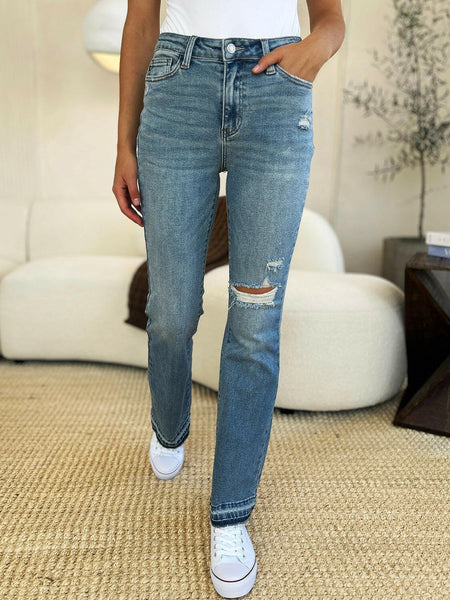 Judy Blue Full Size Mid Rise Bootcut Destroyed Hem Distressed Jeans | Sleekdenim.com