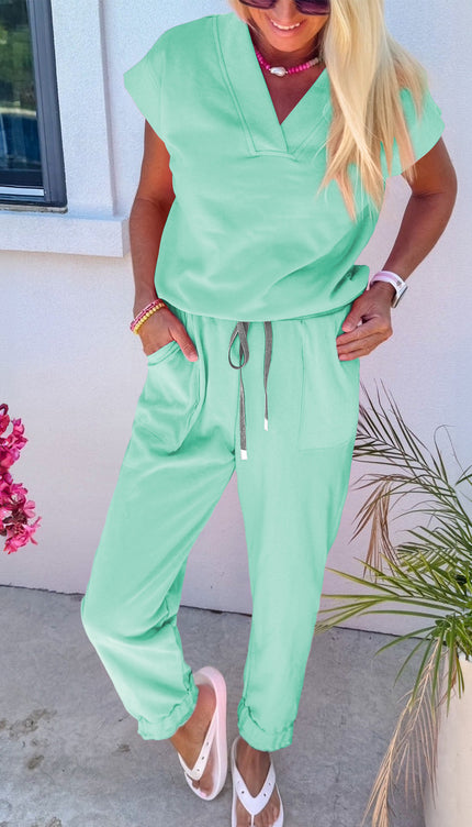 Bonbon Solid Color V Neck Tee Drawstring Pant Set - Sleekdenim.com