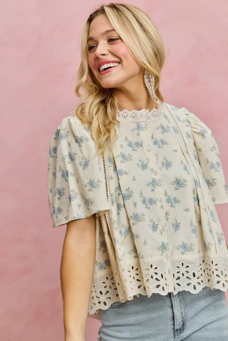 SO ME Floral Print Lace Trim Flutter Sleeves Blouse - Sleekdenim.com