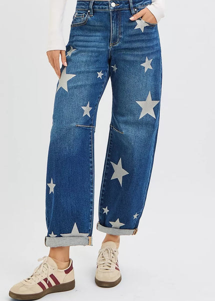 RISEN Mid Rise Ankle Length Relaxed Barrel Star Printed Jeans - Sleekdenim.com