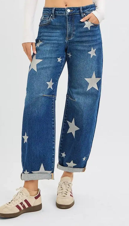 RISEN Mid Rise Ankle Length Relaxed Barrel Star Printed Jeans - Sleekdenim.com