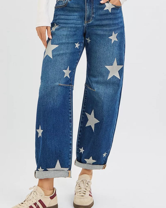 RISEN Mid Rise Ankle Length Relaxed Barrel Star Printed Jeans - Sleekdenim.com