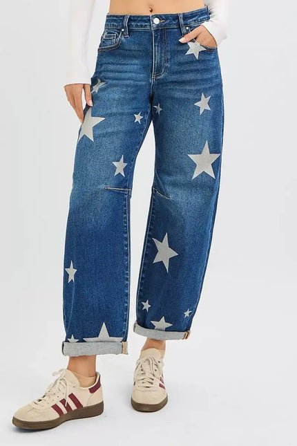 RISEN Mid Rise Ankle Length Relaxed Barrel Star Printed Jeans - Sleekdenim.com