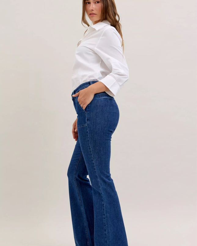 Judy Blue High Waist Flare Jeans with Front Patch Pockets - Sleekdenim.com