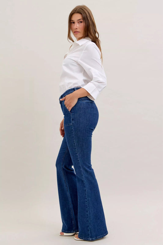 Judy Blue High Waist Flare Jeans with Front Patch Pockets - Sleekdenim.com