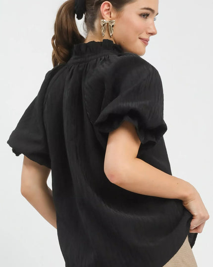 Umgee Textured Puff Sleeve Split Neck Top - Sleekdenim.com