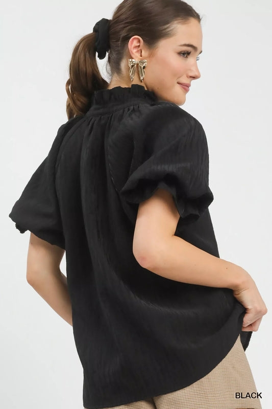 Umgee Textured Puff Sleeve Split Neck Top - Sleekdenim.com