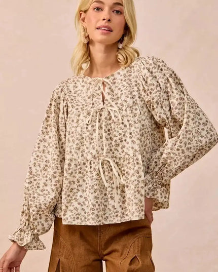 BiBi Floral Printed Peplum Blouse with Shirring and Tied - Sleekdenim.com