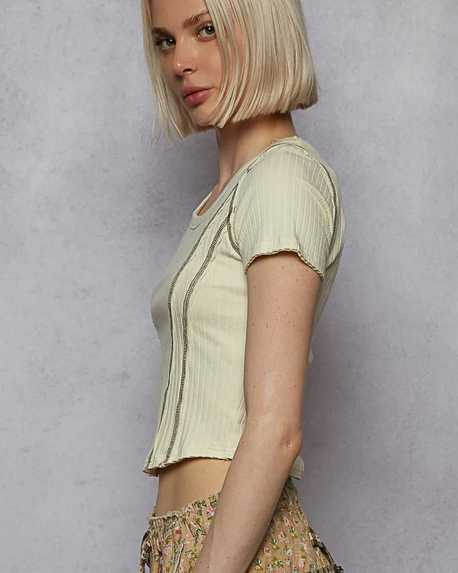 POL Contrast Stitching Round Neck Crop T-Shirt - Sleekdenim.com