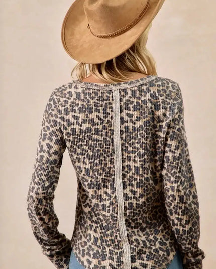 BiBi Leopard Print Washed Waffle Thermal Top with Thumb - Sleekdenim.com