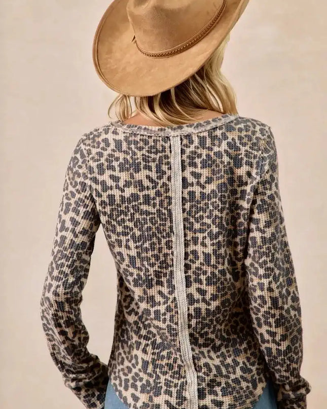 BiBi Leopard Print Washed Waffle Thermal Top with Thumb - Sleekdenim.com