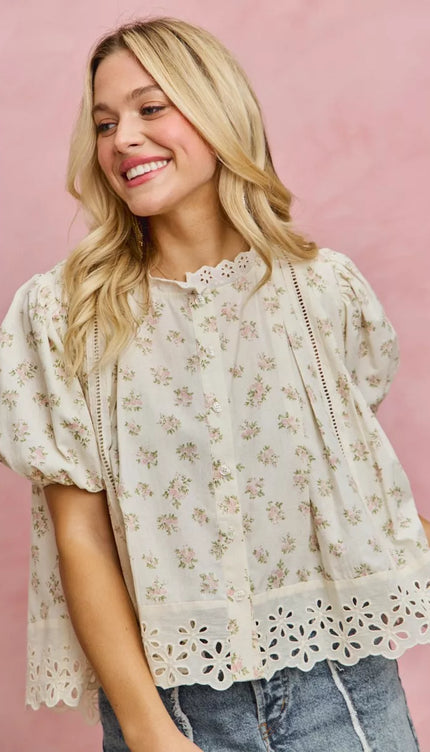 SO ME Floral Print Lace Trim Short Sleeves Blouse - Sleekdenim.com