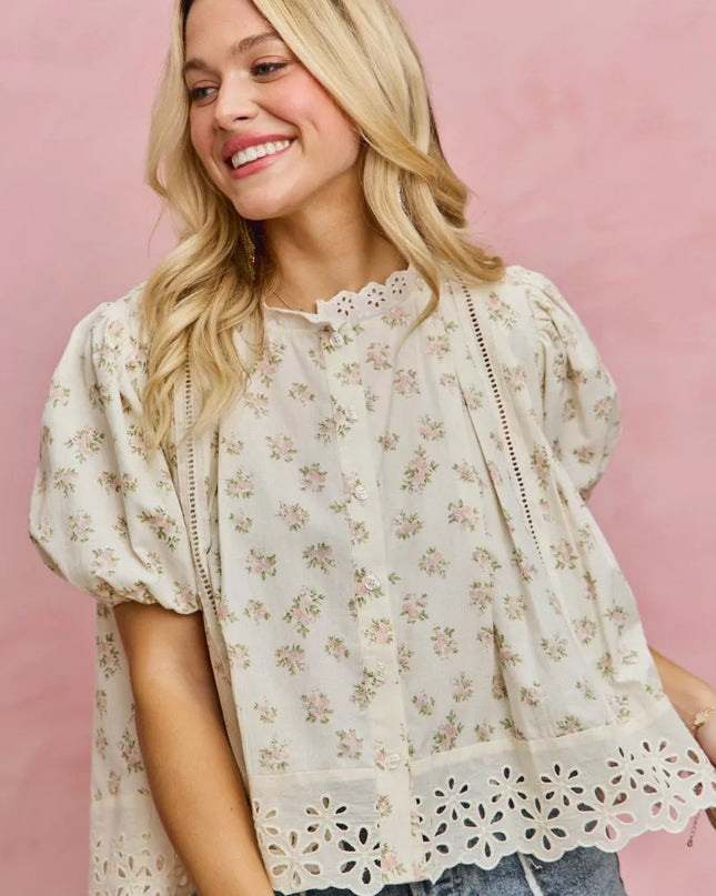SO ME Floral Print Lace Trim Short Sleeves Blouse - Sleekdenim.com