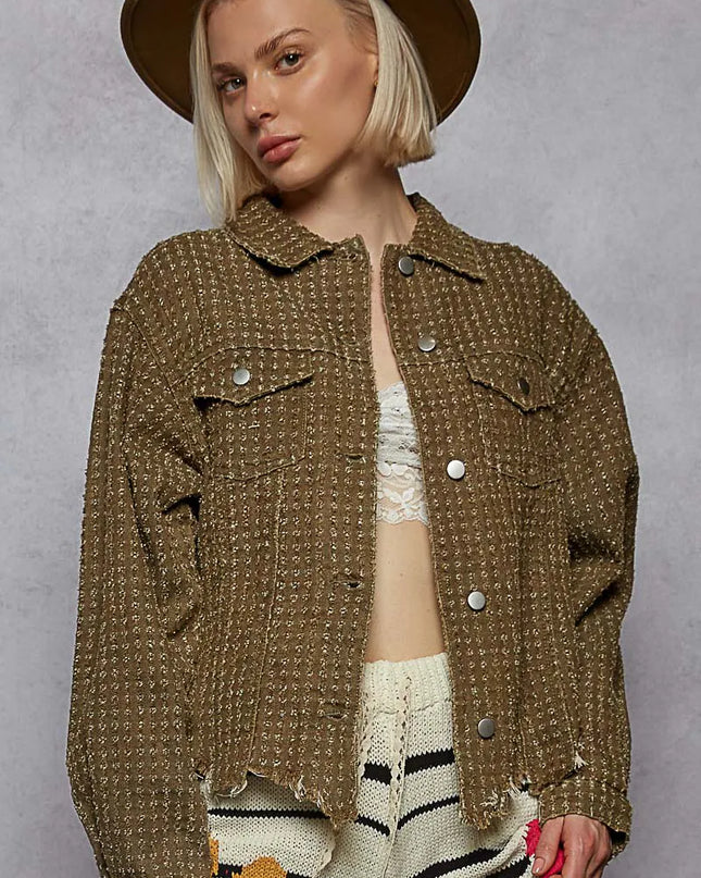 POL Raw Hem Button Up Jacket with Chest Pockets - Sleekdenim.com