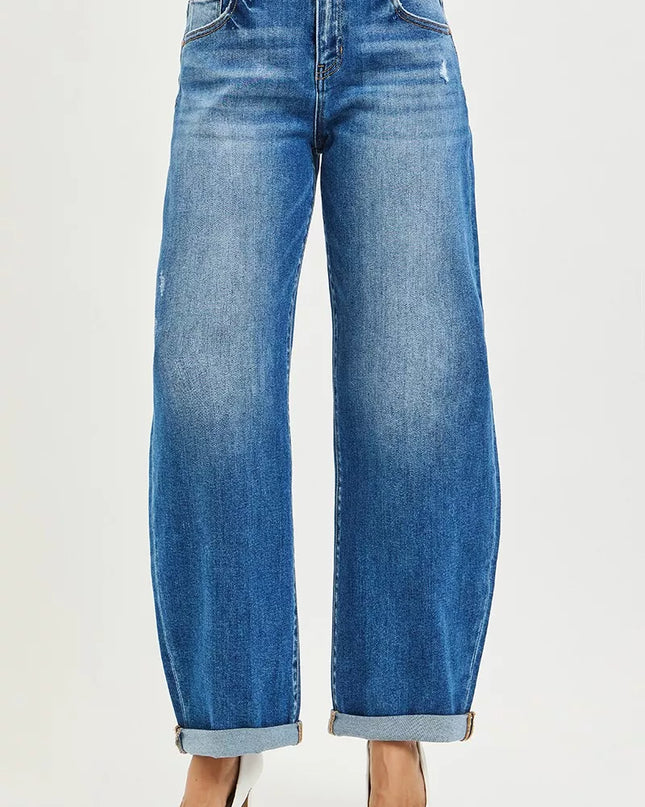 RISEN Full Size Mid Rise Barrel Double Roll Up Jeans Plus Size - Sleekdenim.com