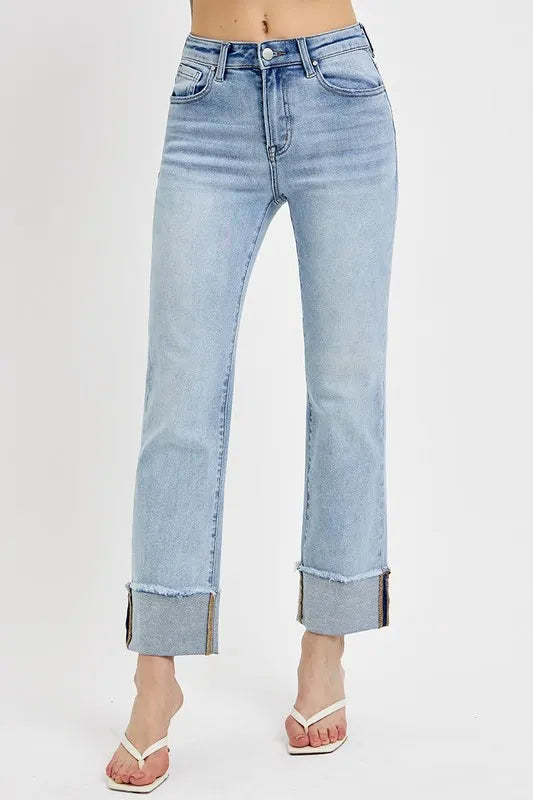RISEN High Rise Straight Cuffed Relaxed Jeans - Sleekdenim.com