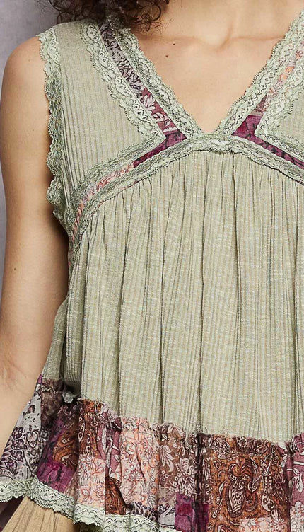 POL Lace Detail Ruffled Ribbed Sleeveless Top with Floral Pattern Trim Detail - Sleekdenim.com