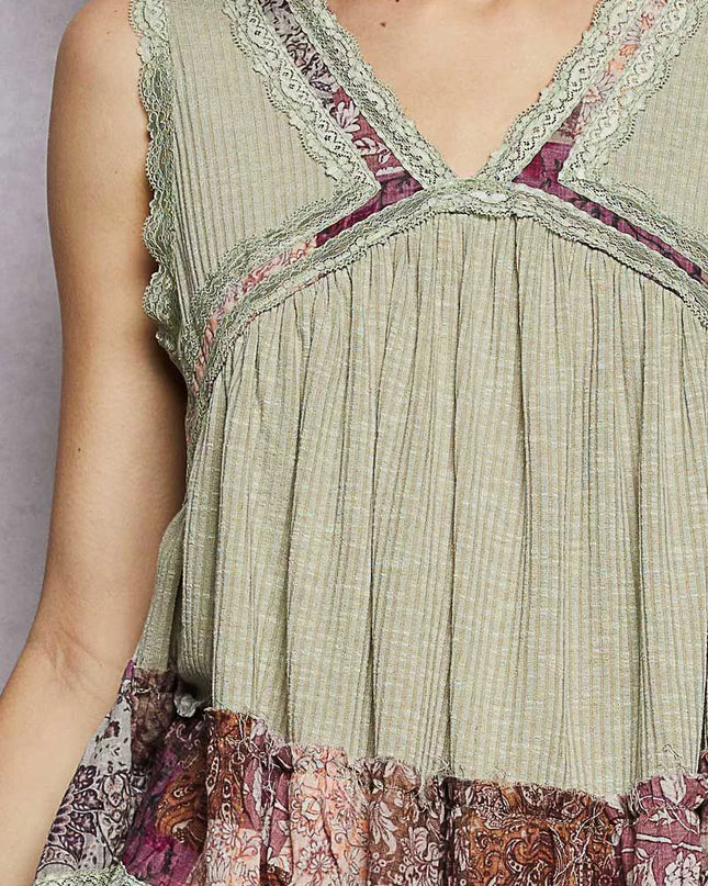 POL Lace Detail Ruffled Ribbed Sleeveless Top with Floral Pattern Trim Detail - Sleekdenim.com