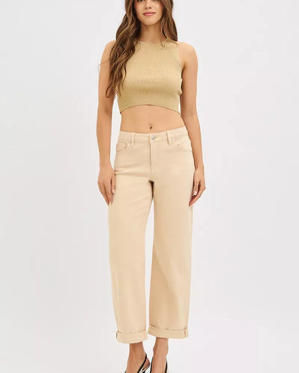 RISEN Tummy Control Mid Rise Ankle Barrel Relaxed Baggy - Sleekdenim.com