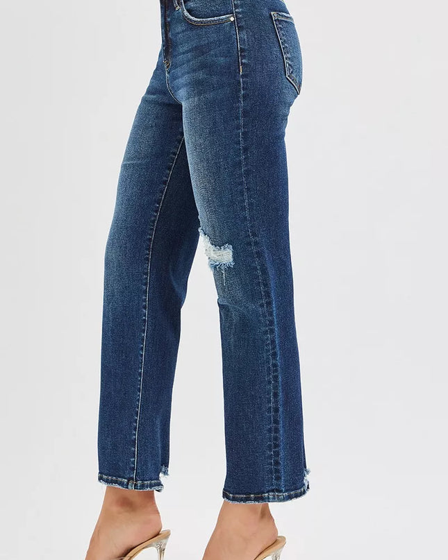 RISEN High Rise Crop Slim Straight Jenas with Hidden Knee Patch - Sleekdenim.com