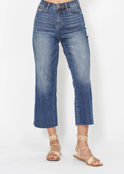 Judy Blue High Waist Back Pocket Embroidery Crop Wide Jeans - Sleekdenim.com