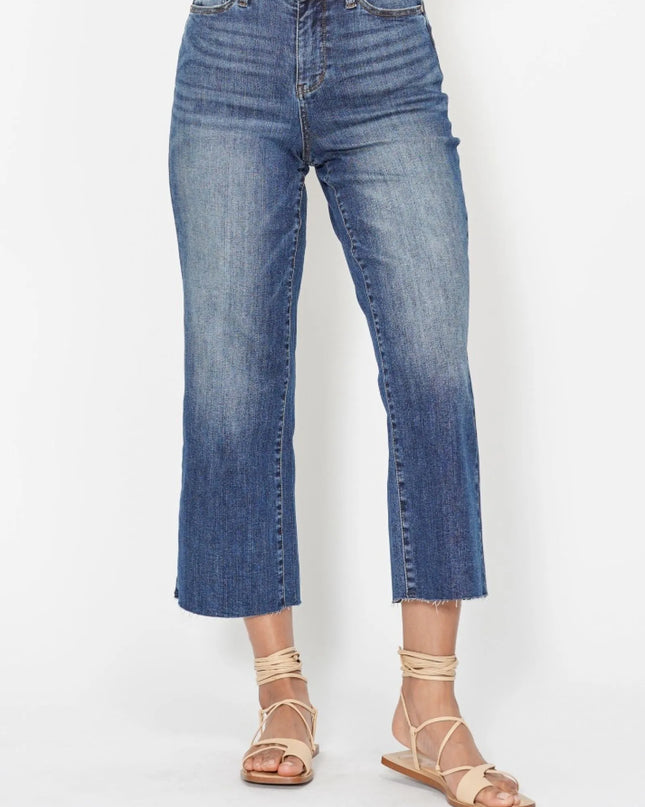 Judy Blue High Waist Back Pocket Embroidery Crop Wide Jeans - Sleekdenim.com