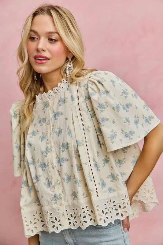SO ME Floral Print Lace Trim Flutter Sleeves Blouse - Sleekdenim.com