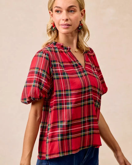 BiBi Christmas Plaid Short Sleeves Ruffled Blouse - Sleekdenim.com