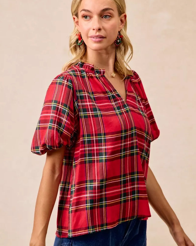 BiBi Christmas Plaid Short Sleeves Ruffled Blouse - Sleekdenim.com
