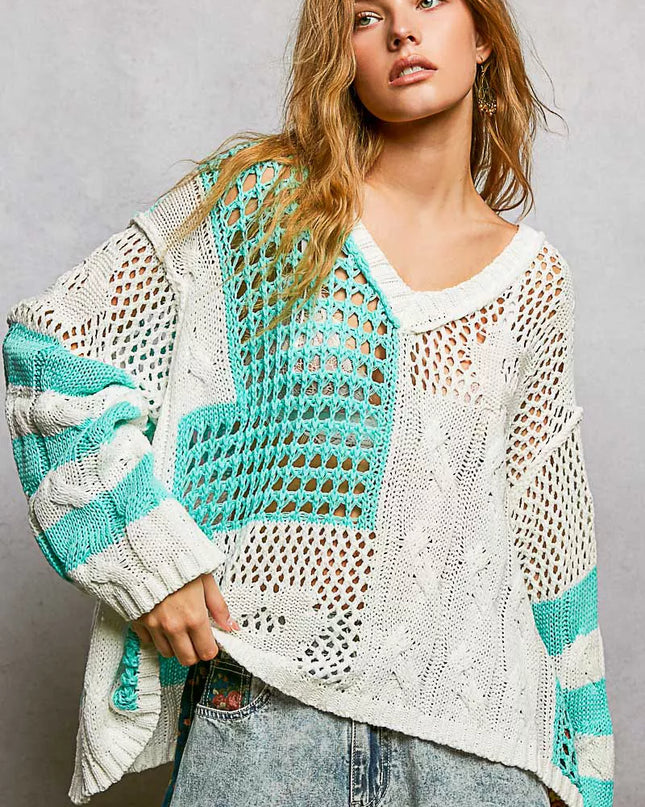 POL Color-Blocked Stripe Pattern Knit Top with Twisted Weave - Sleekdenim.com