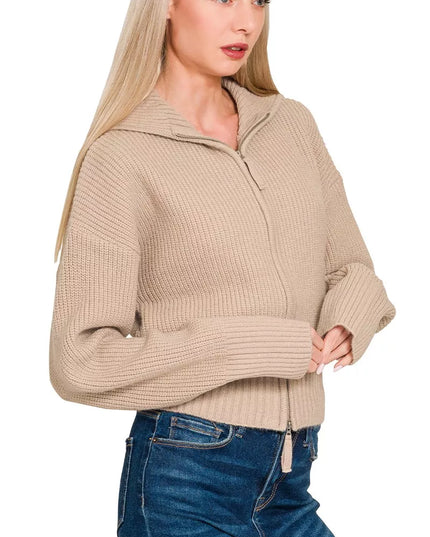 Zenana Ribbed Collared Zip Up Sweater Cardigan - Sleekdenim.com
