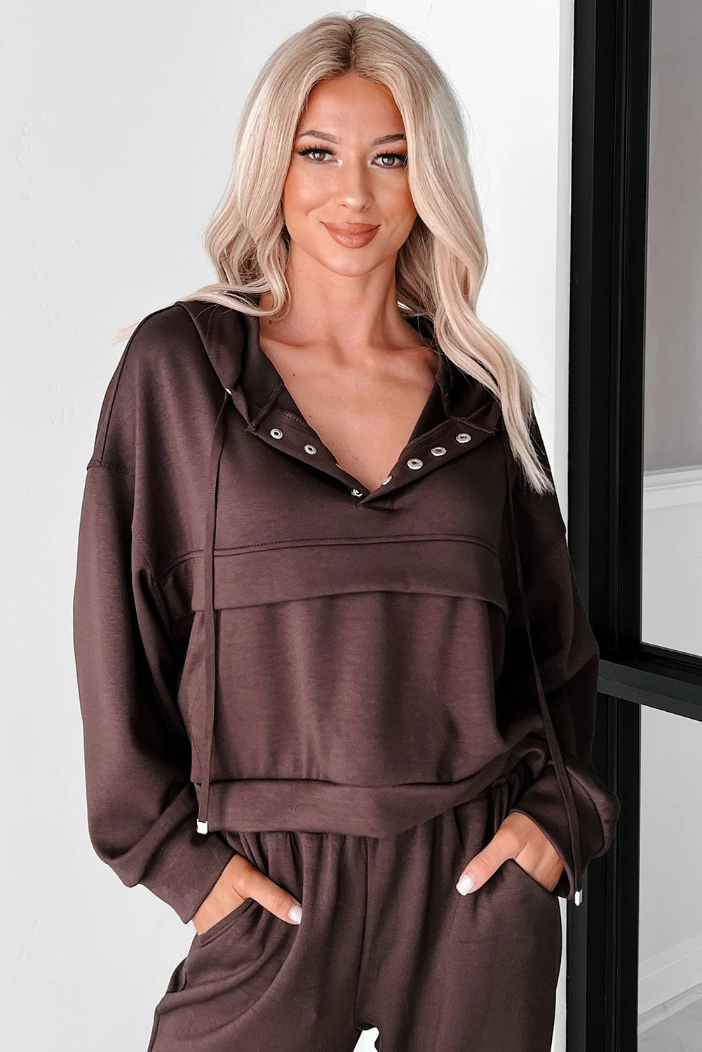 Chicory Coffee Button Drawstring Cropped Hoodie Sweatpants Set - Sleekdenim.com