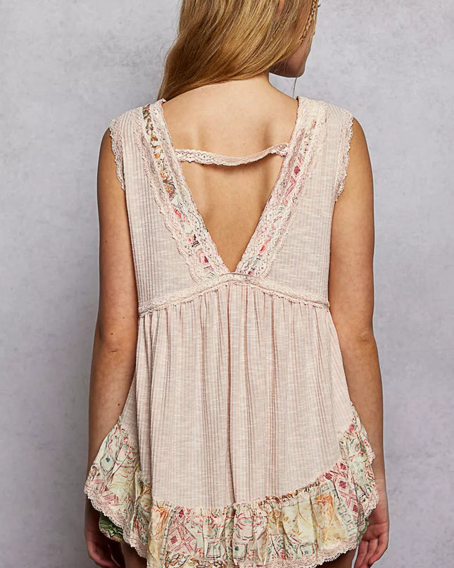 POL Lace Detail Ruffled Ribbed Sleeveless Top with Floral Pattern Trim Detail - Sleekdenim.com