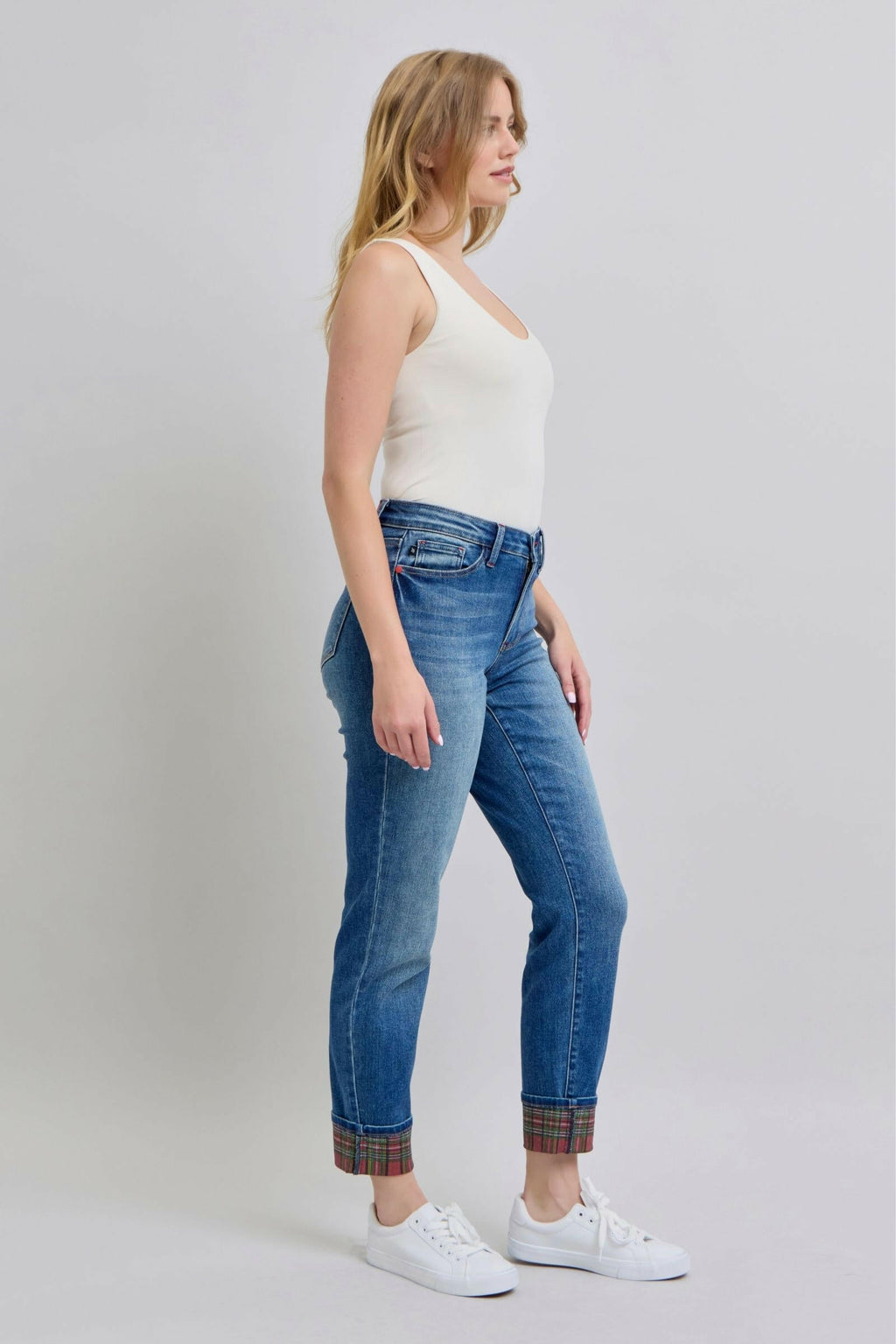 Judy Blue High Rise Medium Wash Non Distressed Slim Jeans with Plaid Patch | Sleekdenim.com