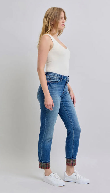 Judy Blue Full Size Plaid Print Cuff Straight Leg Jeans with Pockets - Sleekdenim.com